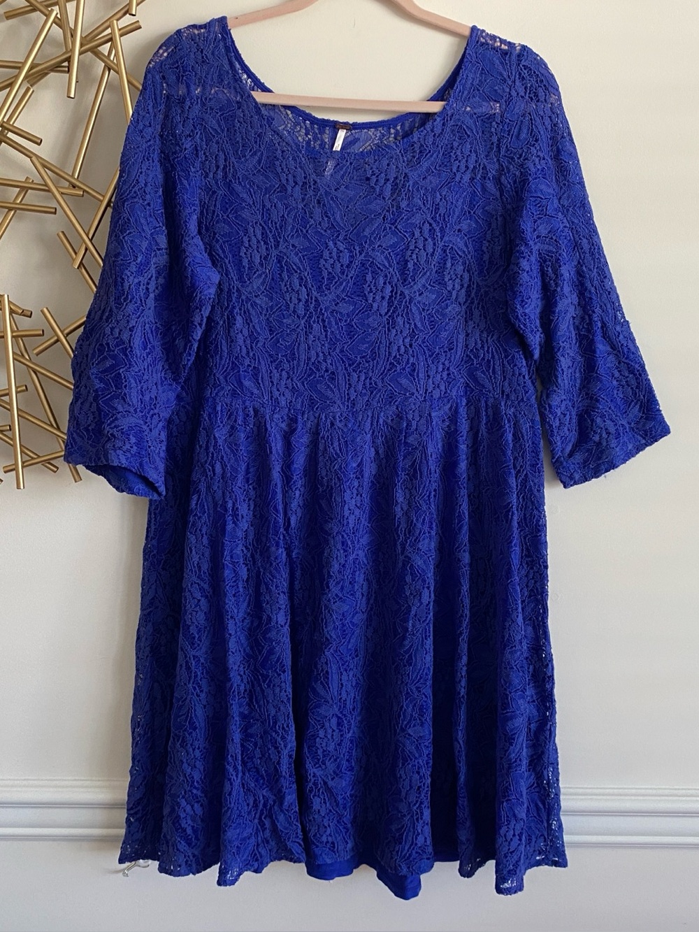Free People Royal Blue Lace Babydoll 3/4 Sleeve Sheer Back Lined Dress - Size L
